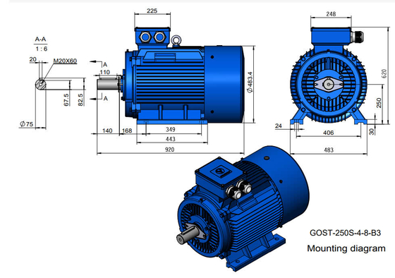 IC0141 Motor de gaiola de esquilo com diâmetro de eixo de 75 mm para operação contínua S1
